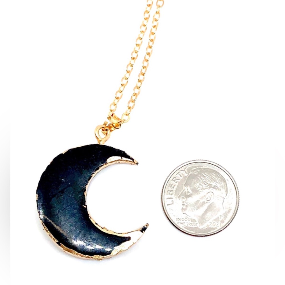 Black Faux Druzy Drusy Crescent Moon Pendant 20” Chain Necklace NWT Foiled Resin - Picture 2 of 2
